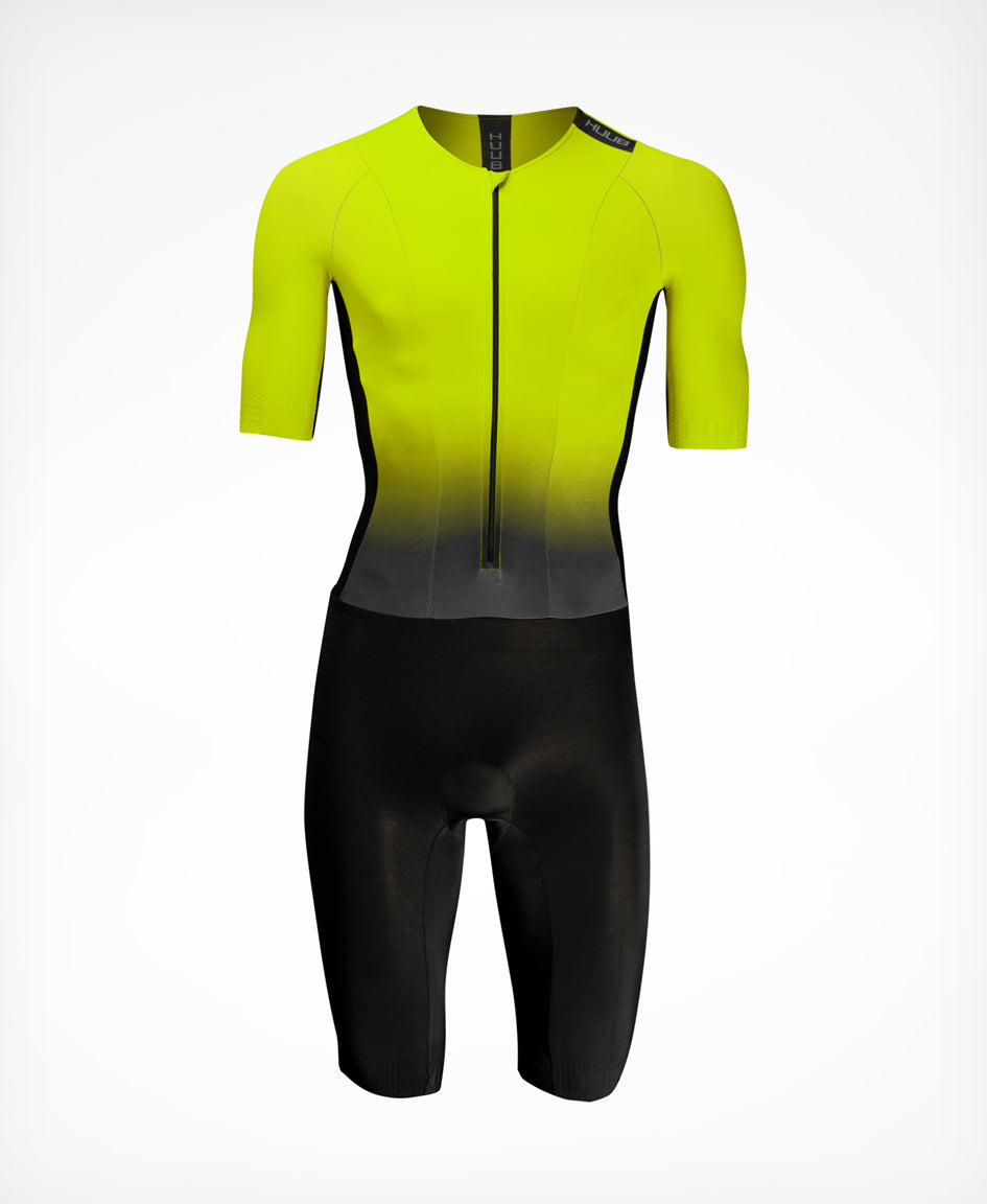 HUUB TC Performance Tri Suit Men’s – Fluo Yellow, Black White, long sleeve, mesh, 3D pad, rear pockets