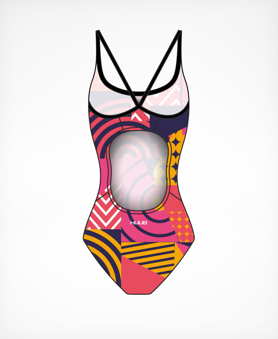 HUUB Her Spirit Costume – women’s swim training swimsuit, Carvico chlorine resistant, spaghetti strap, bold print.