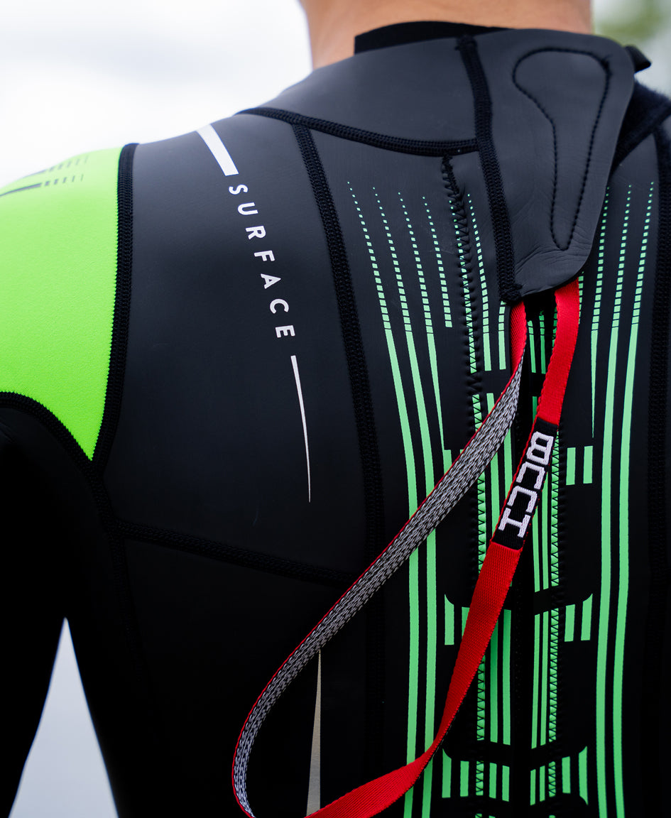 HUUB Surface Wetsuit Fluo Green men’s open water suit, fluo cuffs for visibility and flexible panels