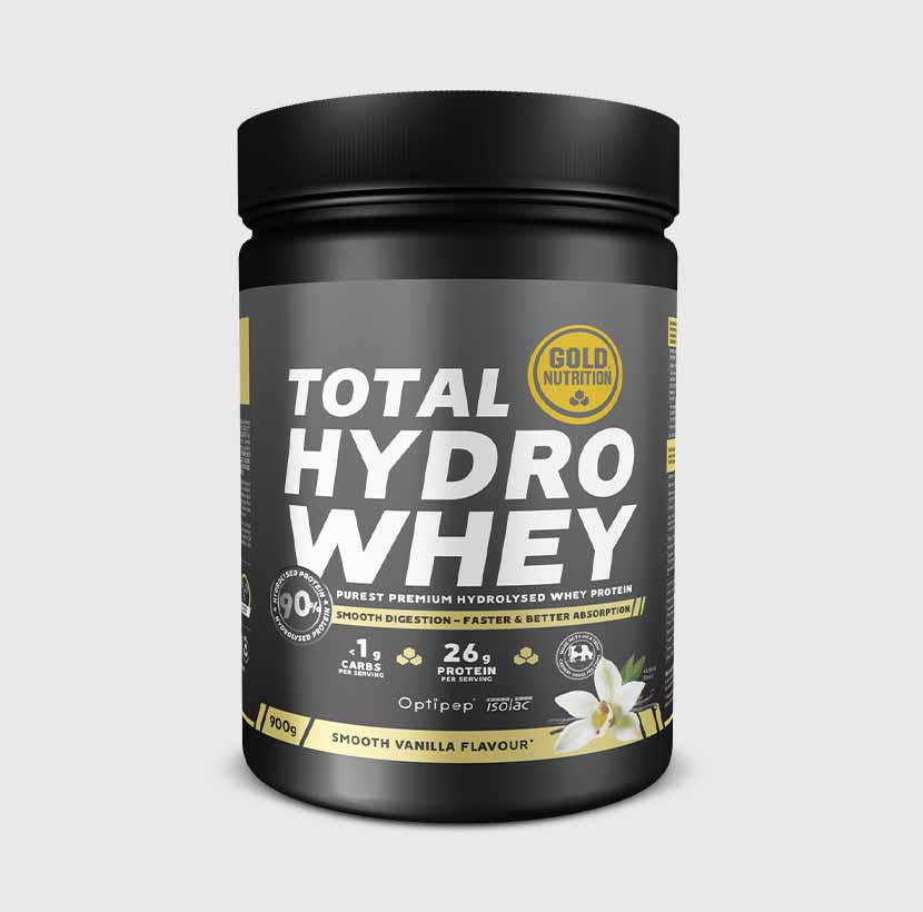GoldNutrition Total Hydro Whey protein powder container with vanilla flavor, featuring a sleek design and nutritional information on the label