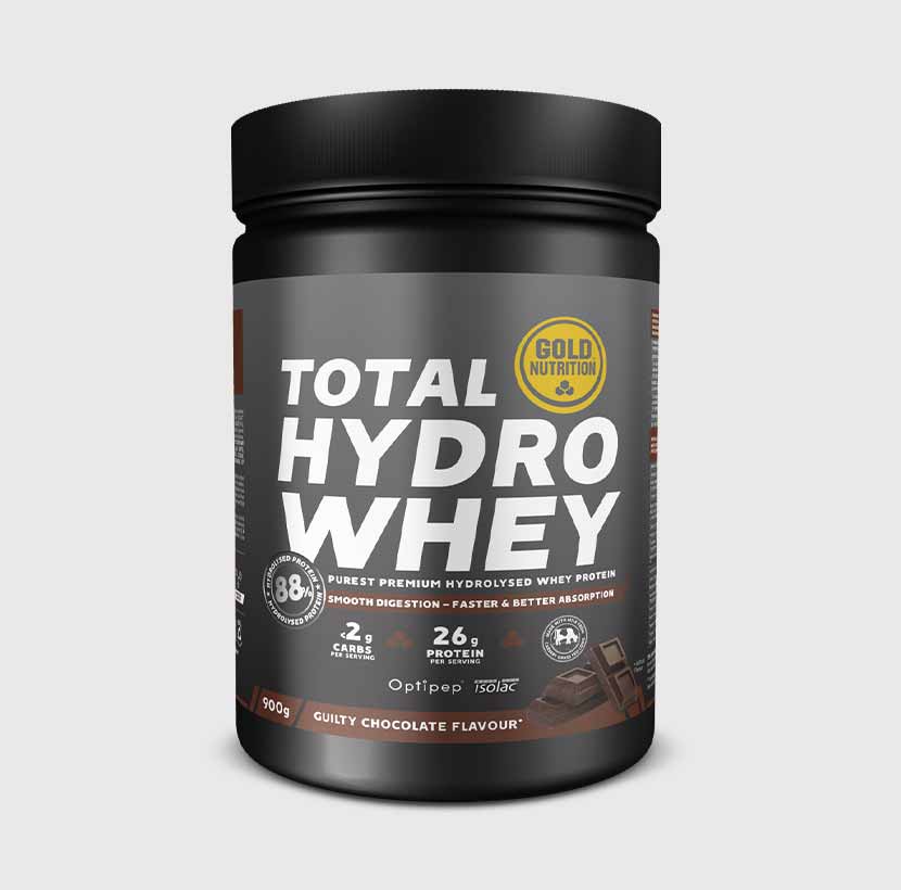 GoldNutrition Total Hydro Whey protein powder container with vanilla flavor and label visibility.