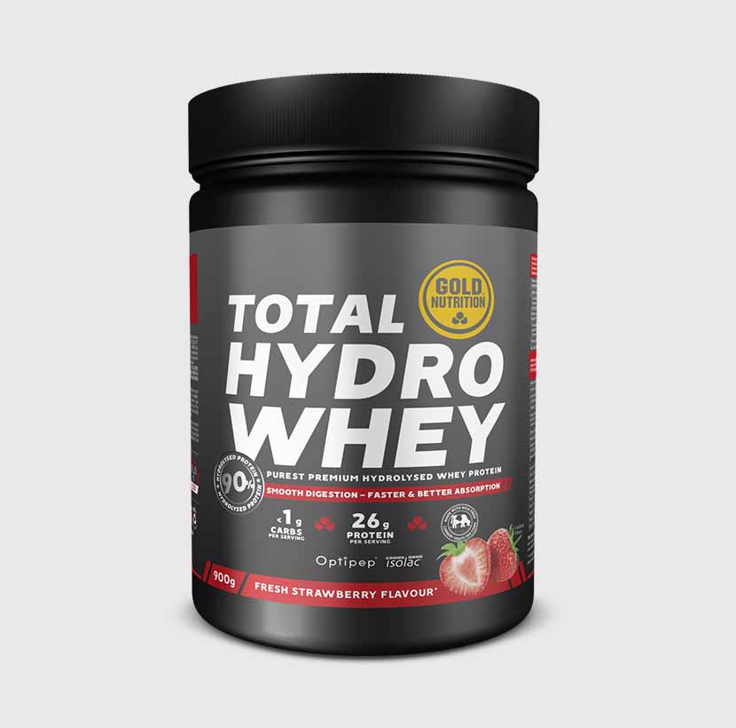 GoldNutrition Total Hydro Whey protein powder jar with vanilla flavor, featuring a sleek label and scoop inside.
