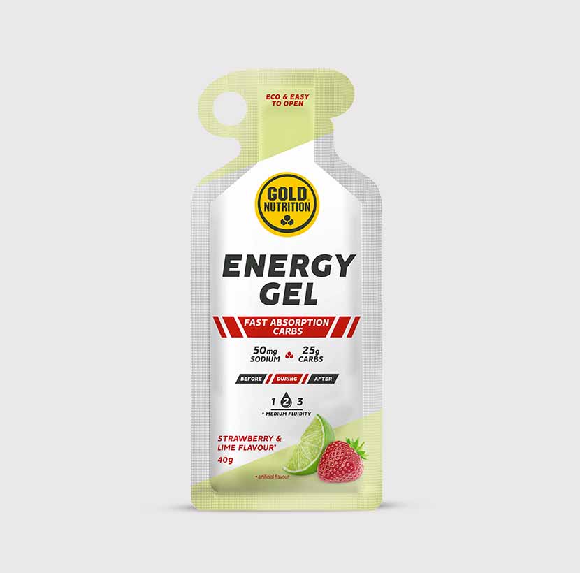 GoldNutrition energy gel packet for vitamins and supplements, showing the colorful packaging and product branding.