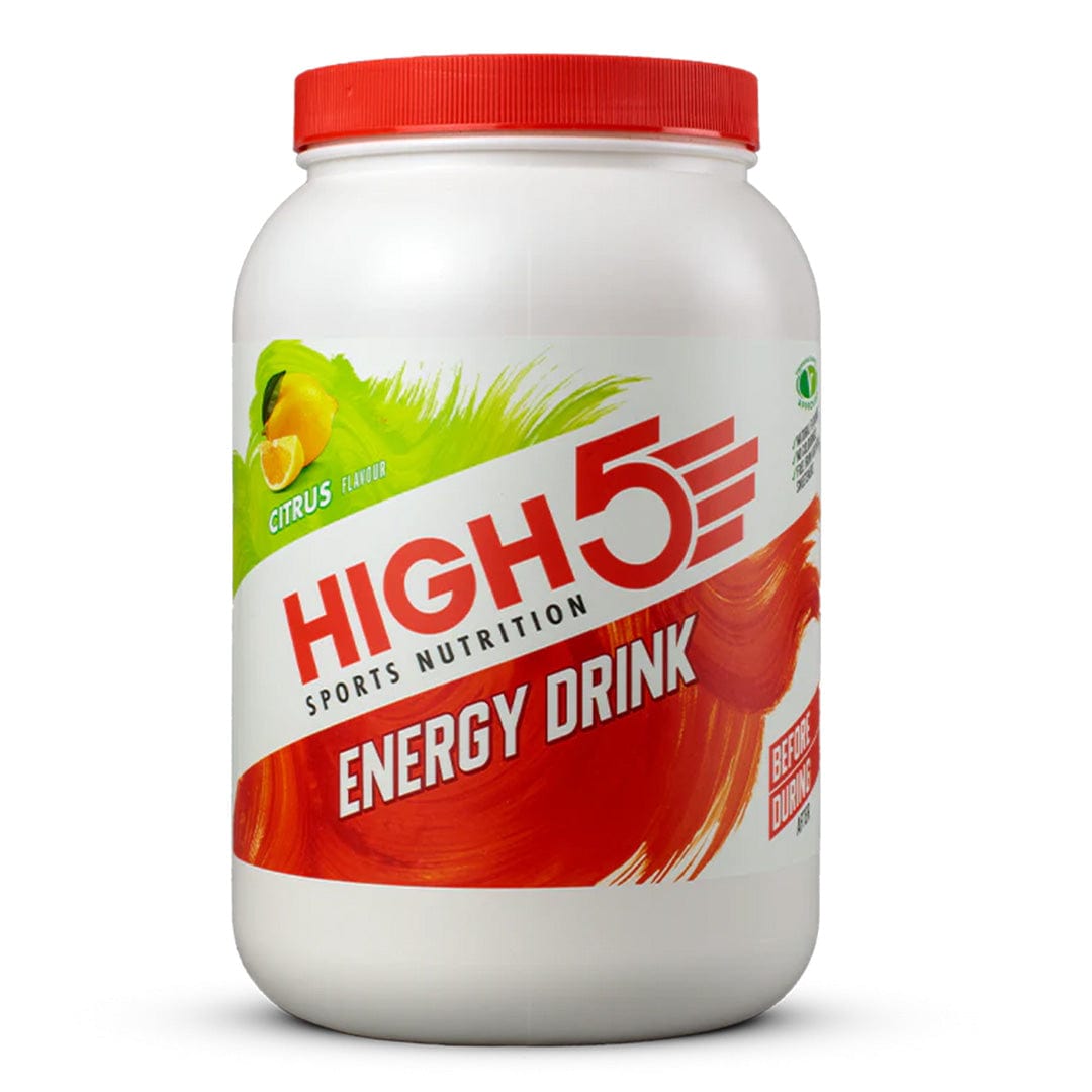 A can of High5 energy drink with vibrant branding, showing the colorful label and sleek cylindrical design.