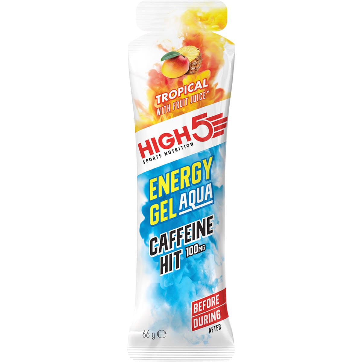 High5 Energy Gel Aqua Caffeine Hit with blue packaging, easy-to-open sports gel for quick energy boost during exercise