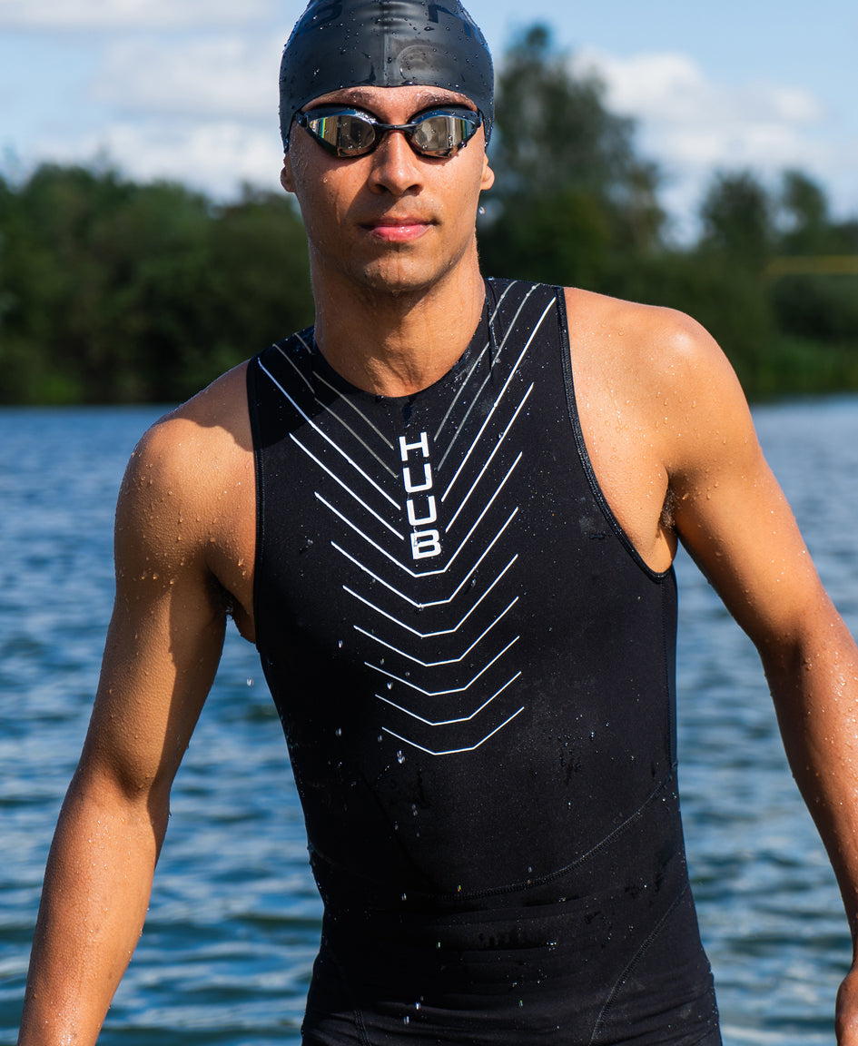 Men's HUUB Pinnacle Swimskin featuring core control, hydrophobic technology, and Andy Potts' design for triathlon swimming performance.