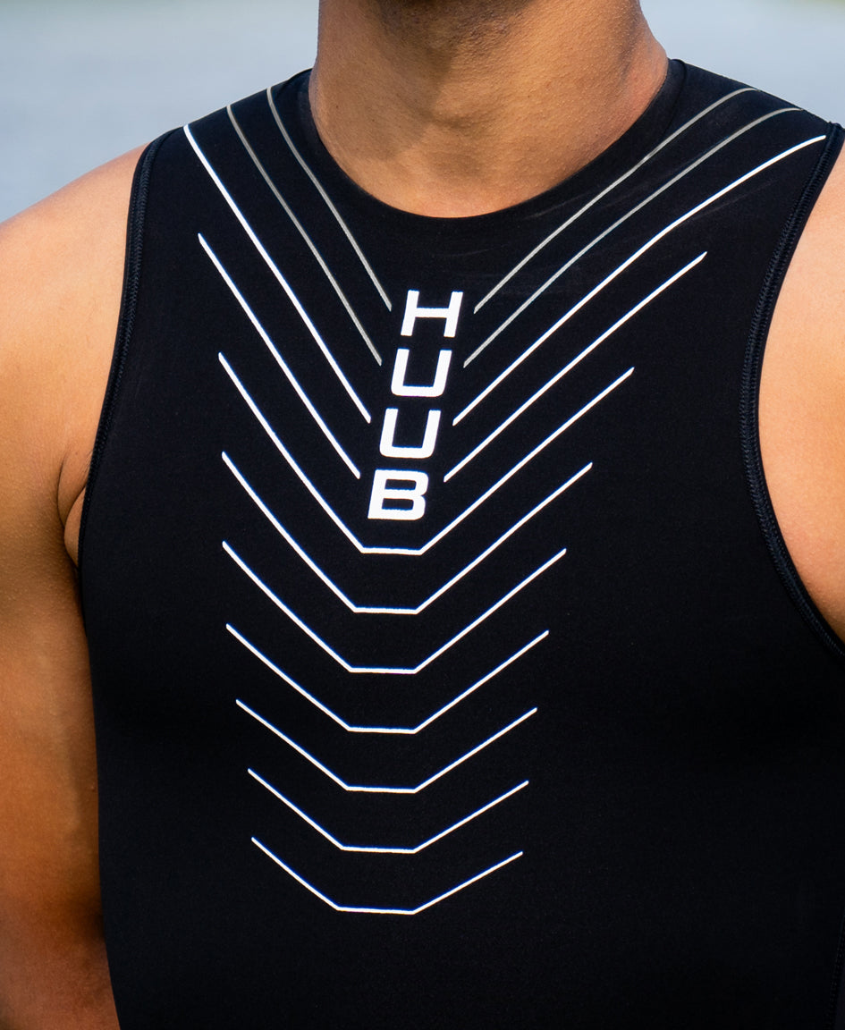 Men's HUUB Pinnacle Swimskin with core control, hydrophobic technology, and Andy Potts design for triathlon and swim training.