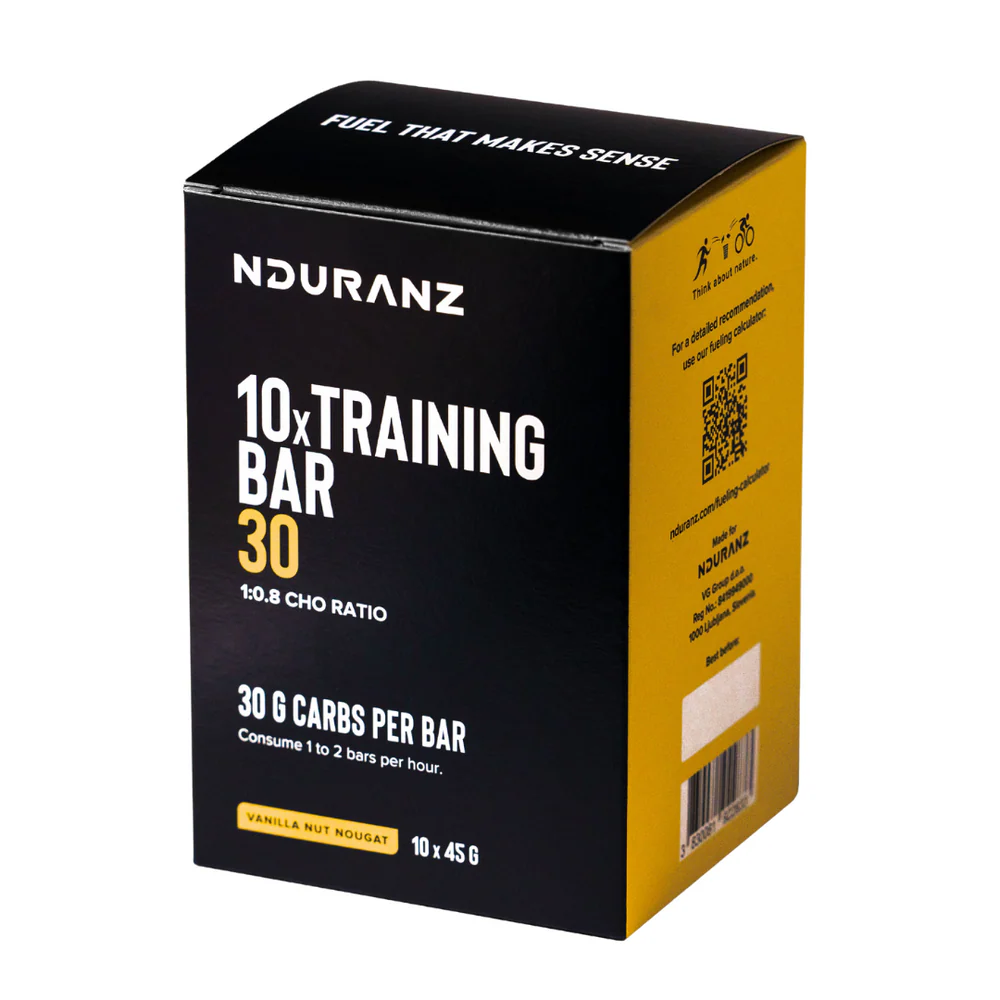 Nduranz Vanilla Nut Nougat Energy Bar with 30g carbohydrate, showcasing the single-serve Nduranz training bar with vanilla and nut flavor.