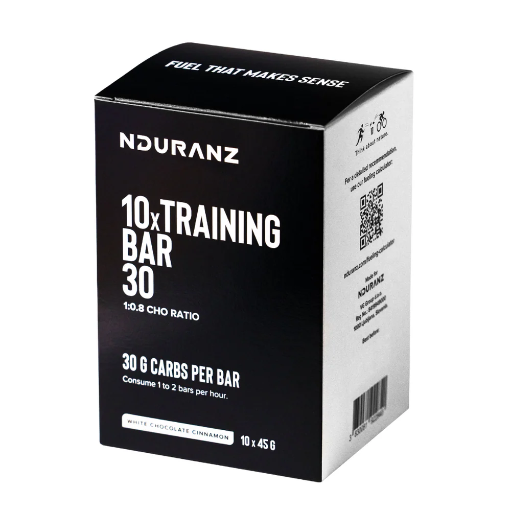 Nduranz Vanilla Nut Nougat Training Energy Bar with 30g carbohydrates, shown in single-serve packaging.