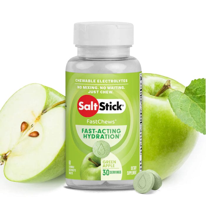 SaltStick Fastchews in coconut pineapple flavor, single-serve packet showing colorful chewable electrolyte tablets.