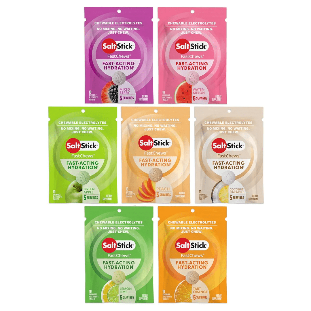 SaltStick Fastchews in coconut pineapple flavor, single-serve packet showing colorful chews for electrolyte replenishment.