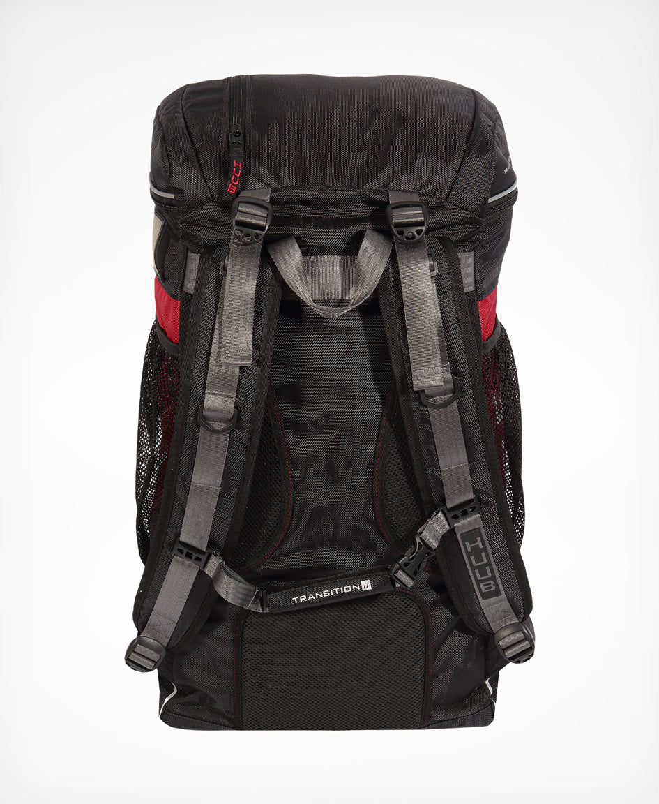HUUB Transition Rucksack – large (40L) triathlon gear bag, with waterproof, helmet, and multiple compartments, available Olive/Orange or Dark Red/Black.