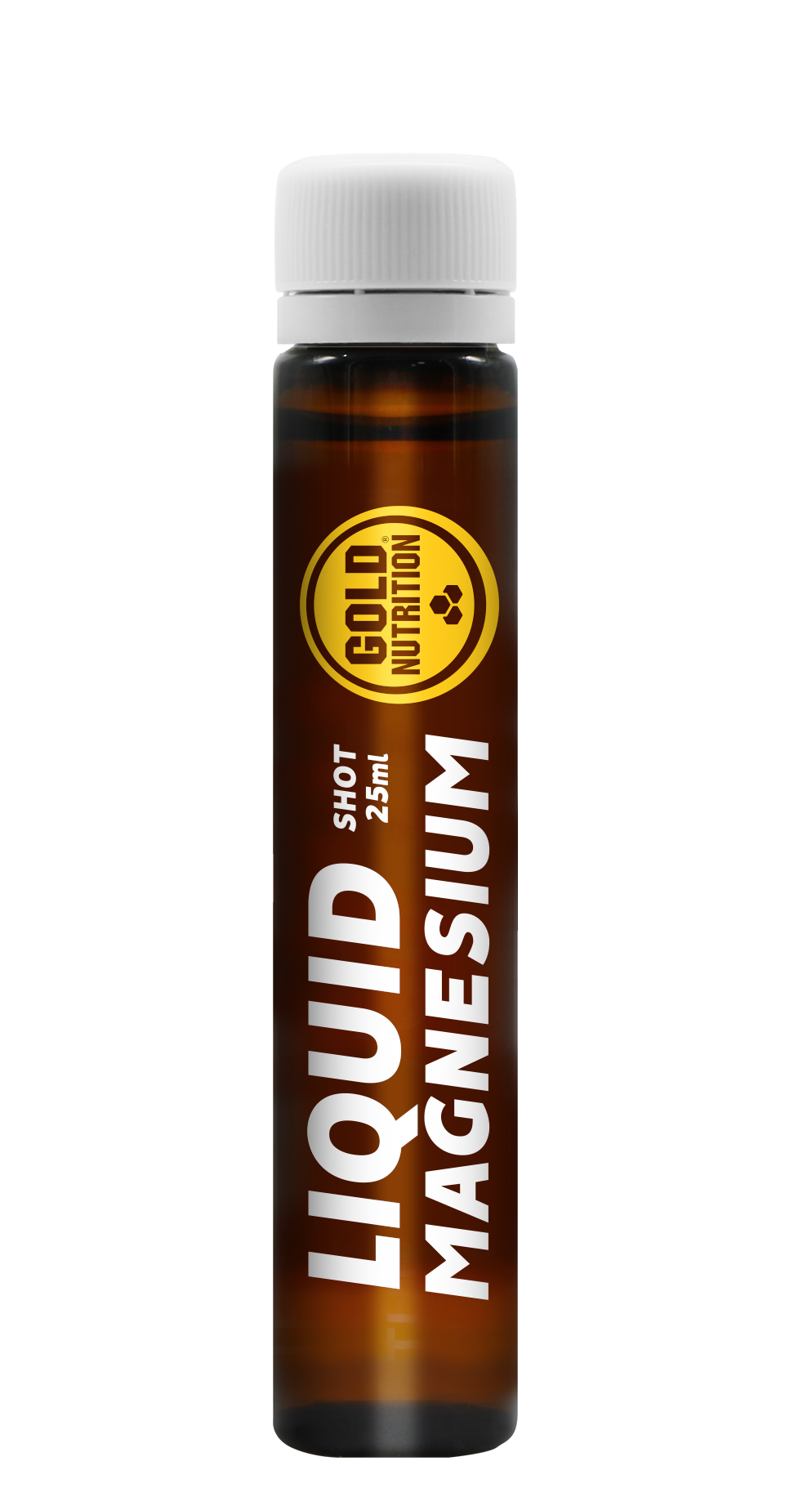 GoldNutrition magnesium vial, 25 ml, vitamins and supplements, clear glass vial with white cap and label showing magnesium content.