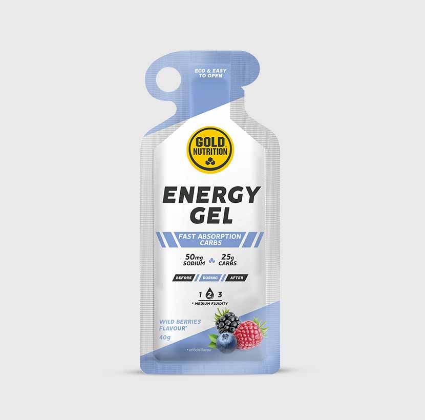 GoldNutrition energy gel packet showing vibrant flavor branding and easy-to-open packaging for vitamins and supplements.