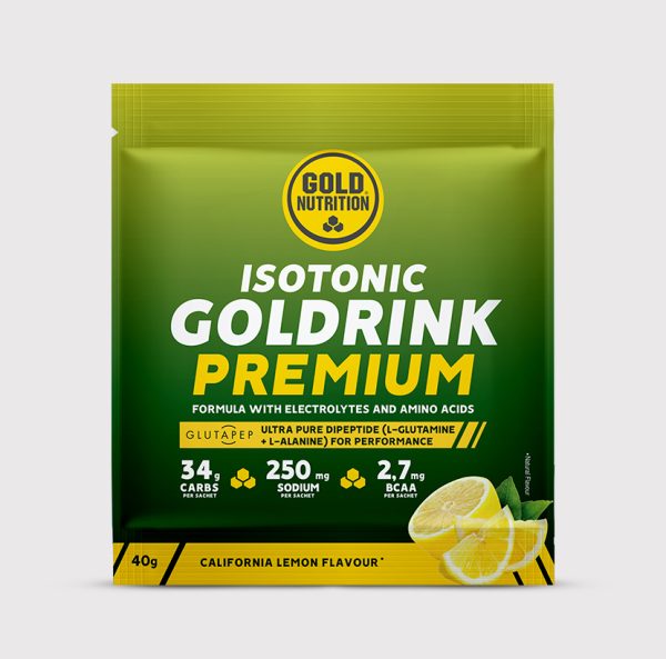 GoldNutrition GOLDRINK PREMIUM vitamins and supplements in a sleek bottle, with colorful tablets visible inside.