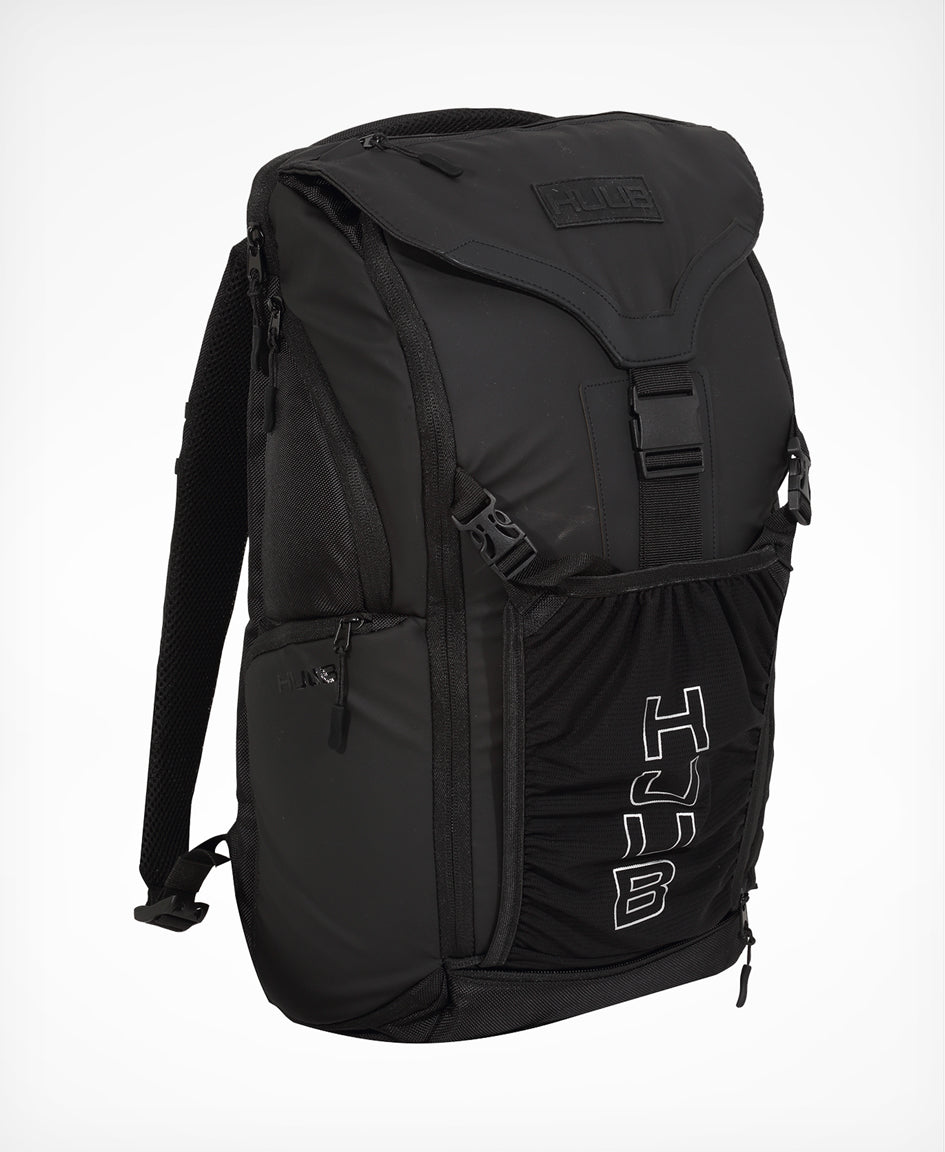 HUUB Travel Backpack – 24L commuter laptop bag, waterproof, helmet net, large clam opening, side handles