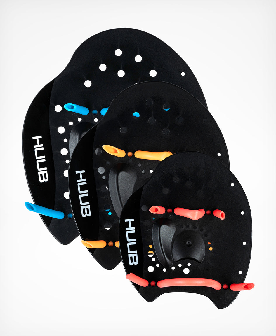 HUUB Hand Paddles – anatomical contour, soft silicone straps, three sizes, swim stroke training tool