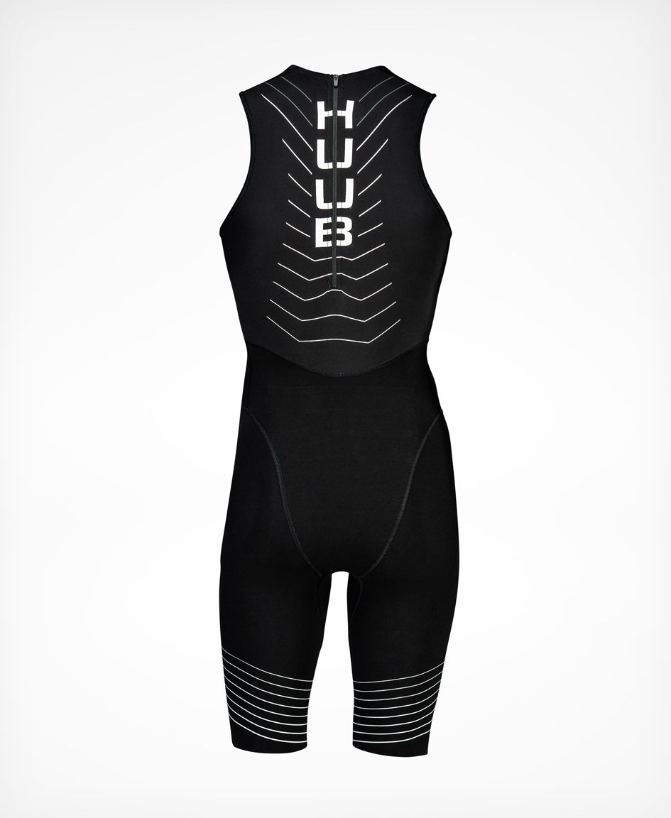 Men's HUUB Pinnacle Swimskin designed for triathlon, featuring core control and hydrophobic technology, with Andy Potts' unique design.
