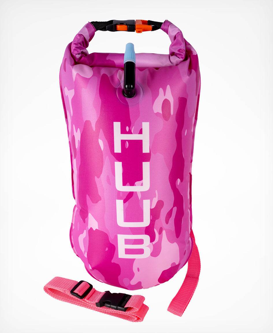 UUB Safety Tow Float pink camo inflatable open water swim buoy, 16L waterproof with waist belt and whistle