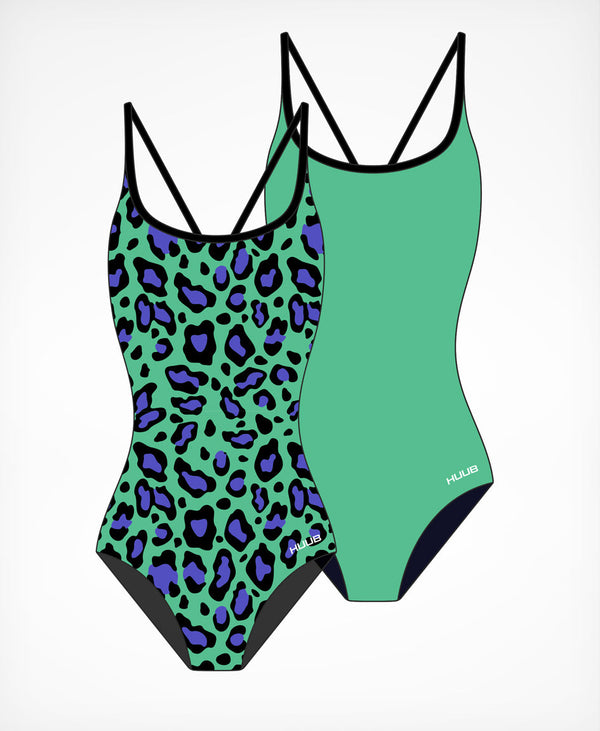 Reversible women's HUUB Astle swimsuit with Ruth Astle design, chlorine resistant, fully lined, shown in black and patterned sides.