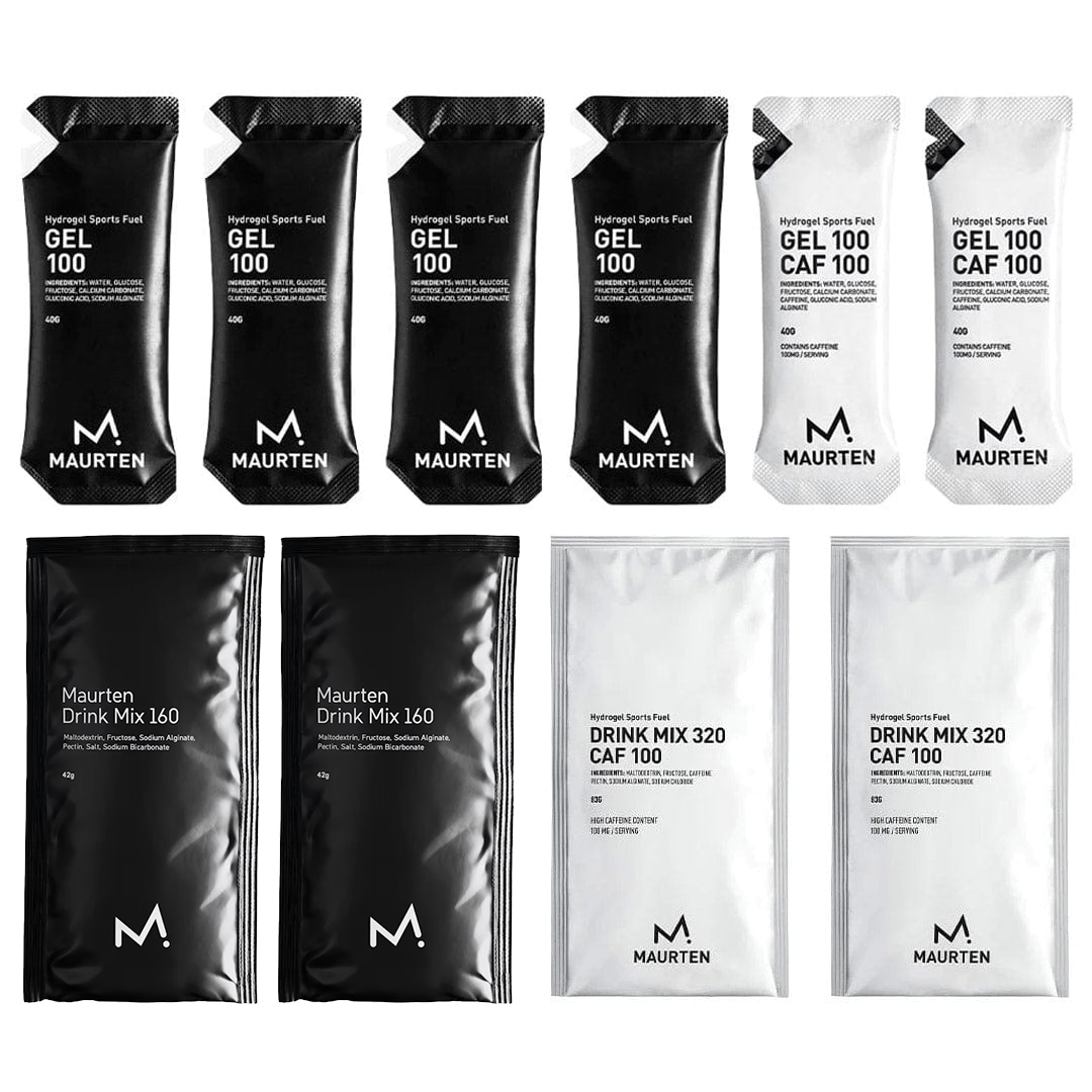 Maurten Caffeinated Trial Pack featuring energy gels and drinks for athletes, with colorful packaging and product labels.