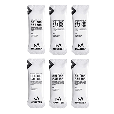 Maurten Gel 100 Caf energy gel in a small, portable packet designed for sports nutrition and quick energy during workouts