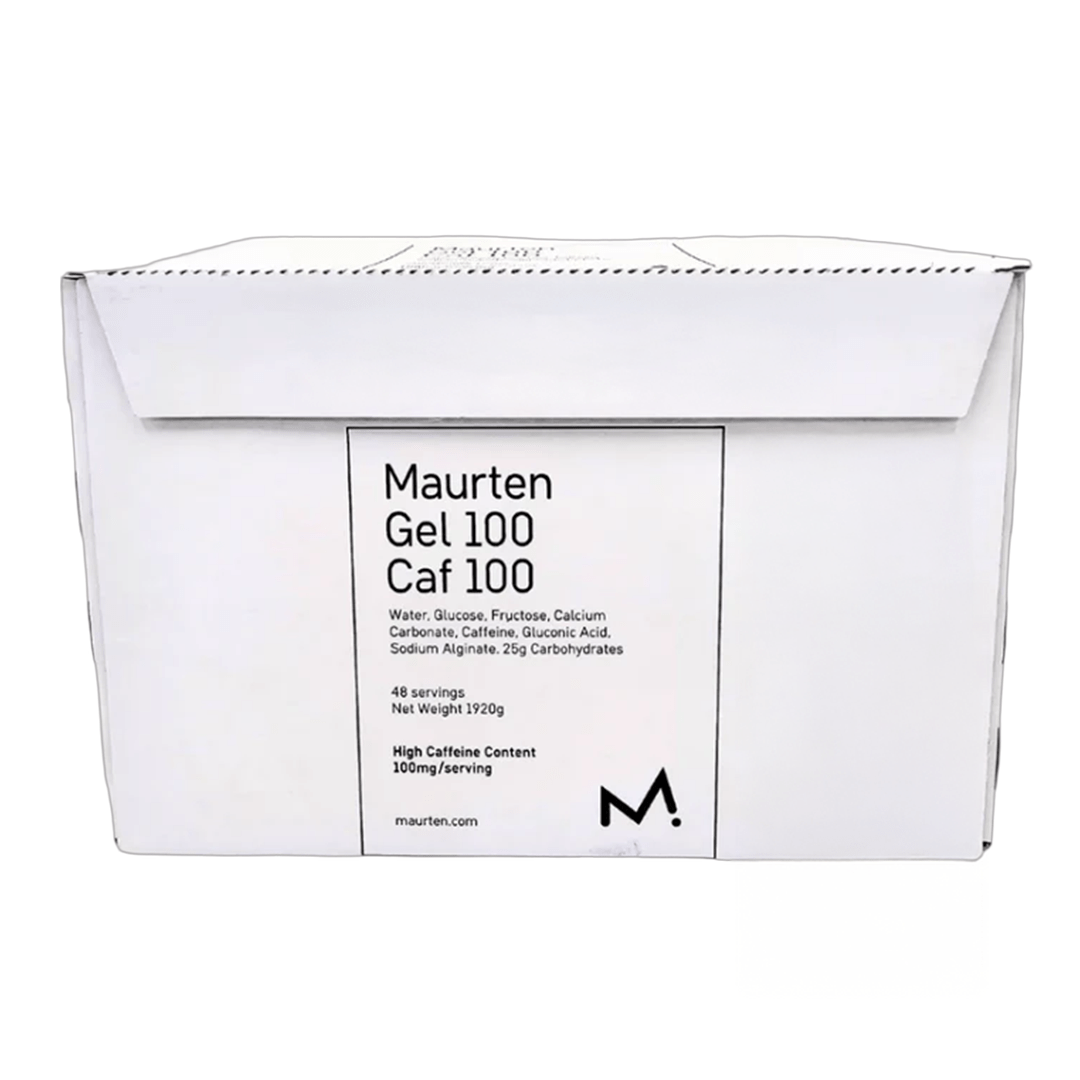 Maurten Gel 100 Caf energy gel in a small, squeezable packet, designed for sports nutrition and quick energy boost.