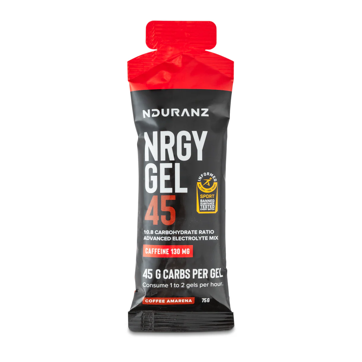 Nduranz Energy Gel 45 with Caffeine packet showing the gel tube and label for quick energy boost during activities