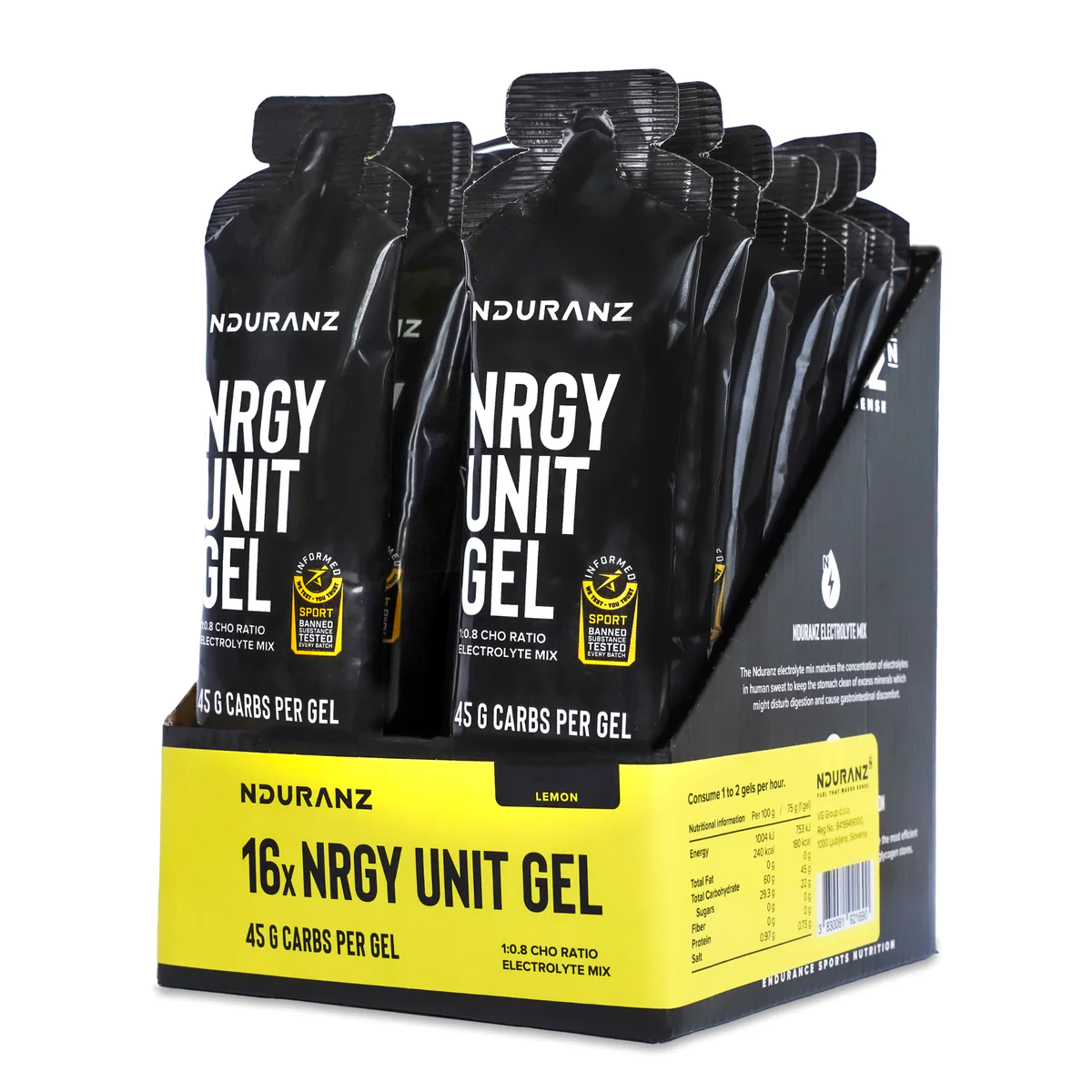 Nduranz Energy Gel 45 in a tube, with a clear wrapper and vibrant labeling, designed for quick energy boost during workouts.
