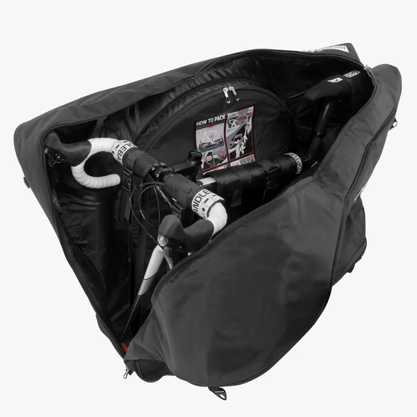 Scicon Aerocomfort 3.0 road bicycle travel bag showing padded exterior, wheels, and handles for secure bike transportation.