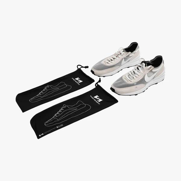 Scicon dual shoe pouch set featuring two compact, lightweight shoe storage bags with zip closures and breathable material for travel.