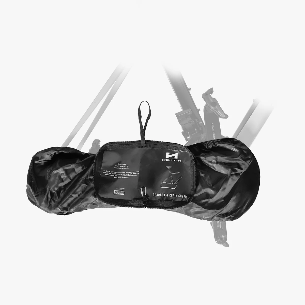 Scicon gearbox and chain cover attached to a bicycle drivetrain, protecting gears and chain from dirt and damage.